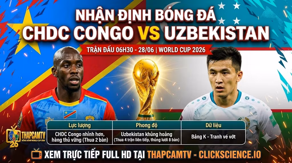Nhận định bóng đá trận CHDC Congo vs Uzbekistan tại World Cup 2026. So sánh lực lượng, phong độ và lịch xem trực tiếp bóng đá Full HD trên ThapcamTV.